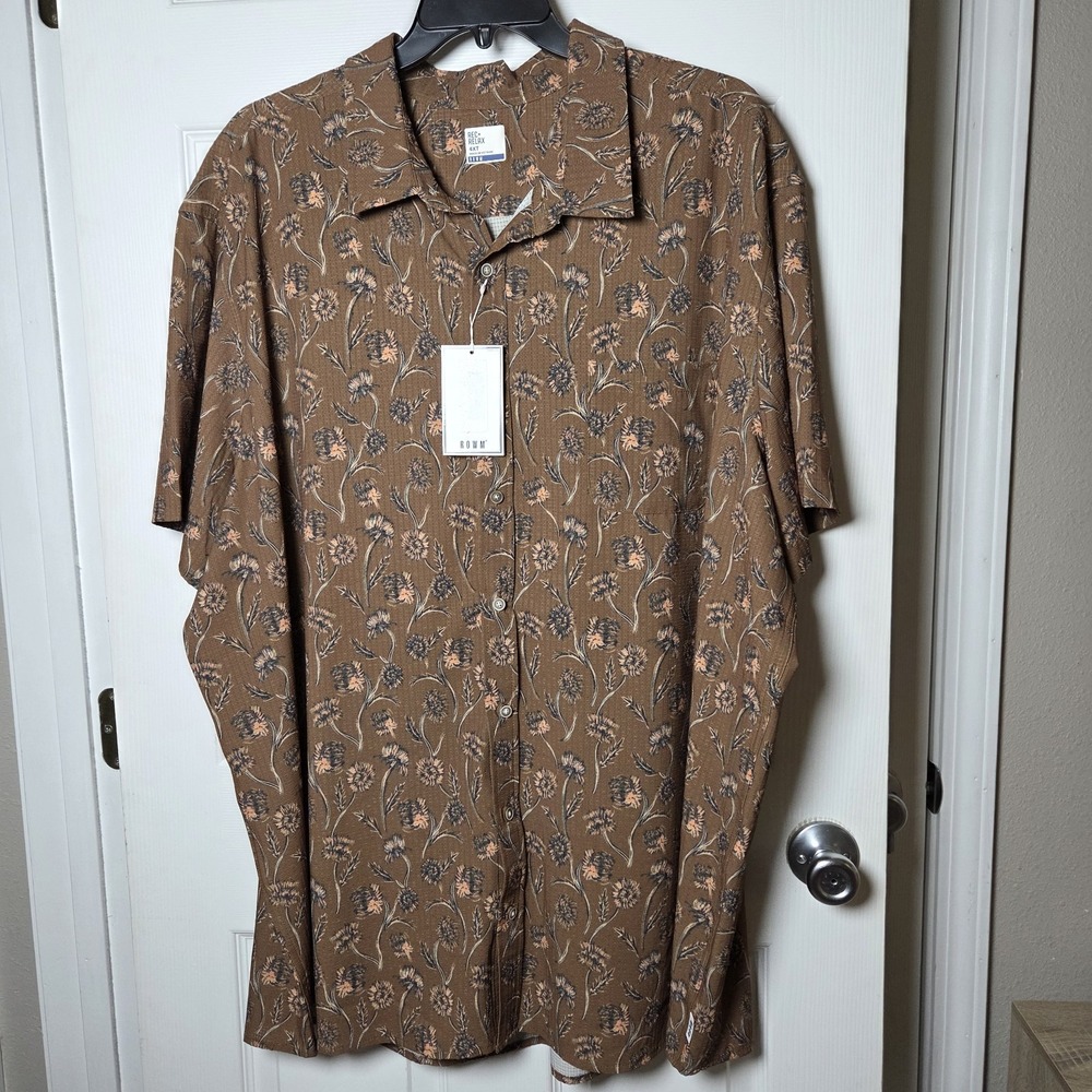 ROWM Rec+Relax Shirt 4XT Brwn Floral Short Slv Stretch Button Down vacation NWT